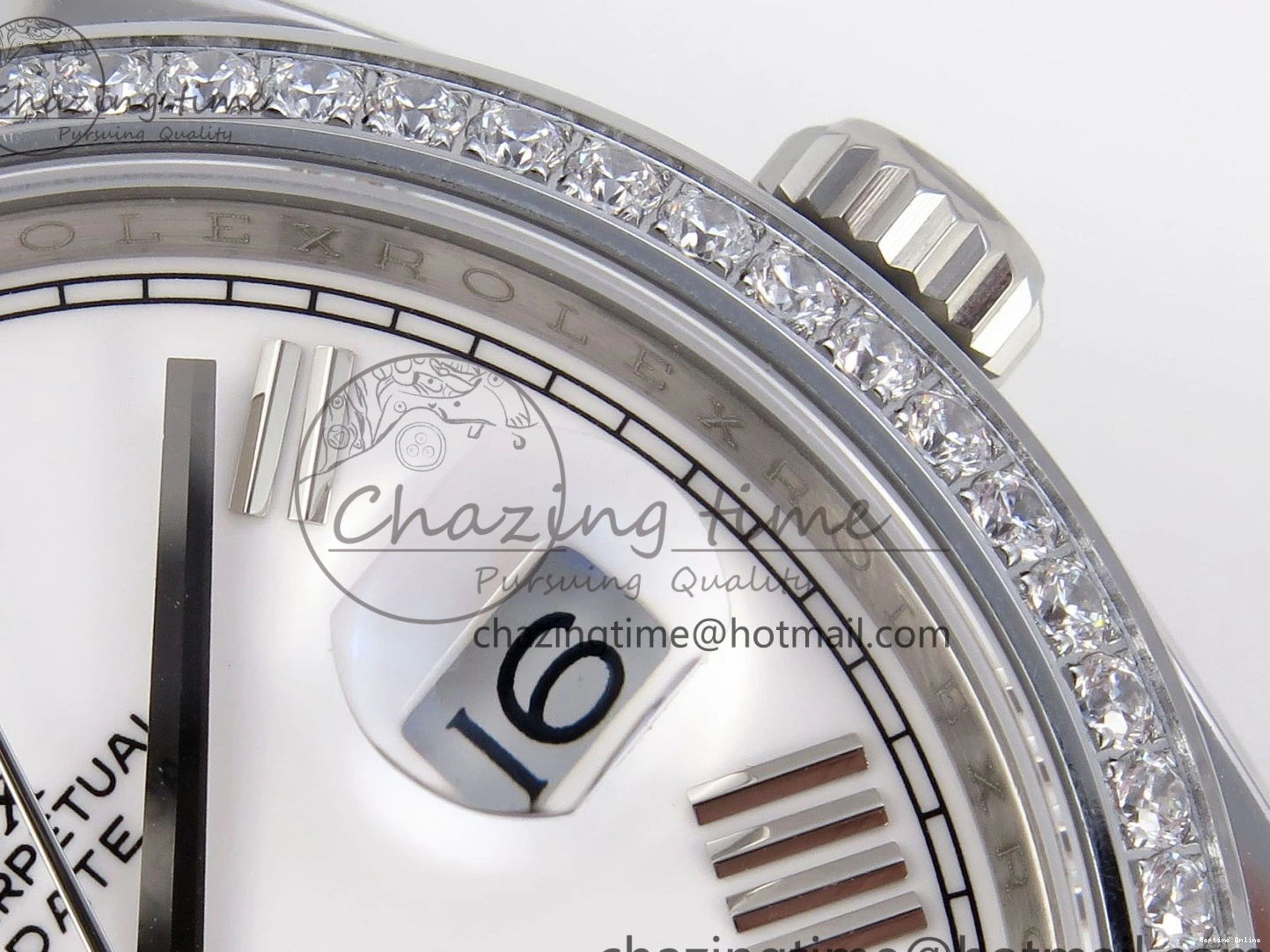 1224 DayDate 40 SS GSF Gain Weight White Roman Dial Diamonds Bezel on President Bracelet A Sustainable 1920